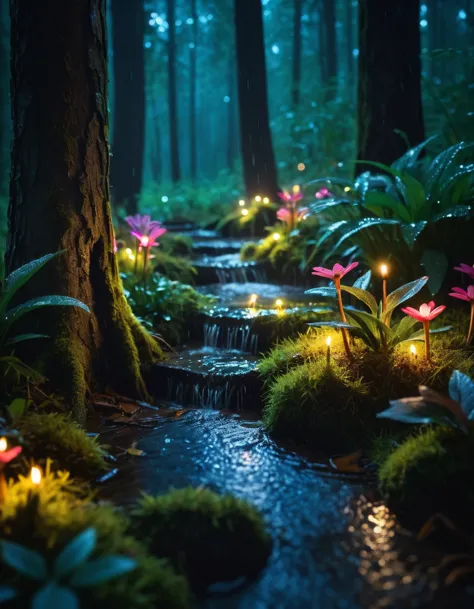 a group of flowers are lit up in the dark in the woods