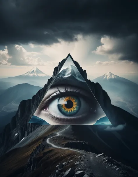 a close up of an eye with mountains in the background