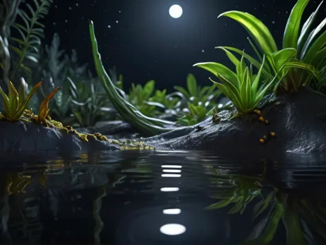 a close up of a body of water with plants and rocks