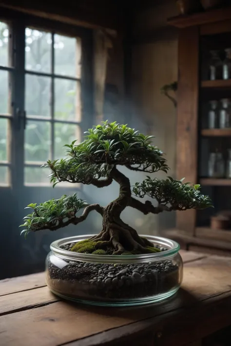 a close up of a bonsai tree in a glass bowl on a table