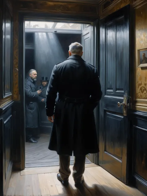 arafed image of a man in a coat walking into a room