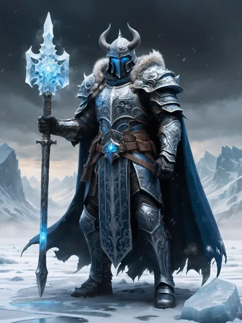 A stunning dynamic pose, 2handed war hammer highly detailed dark fantasy full body illustration of a mystic MAN. he walks in frost mountain, big gems in each shoulder and chest,frost god,crown dark HKStyle armor, crown helmet,cracked armor, cracked , cristal frost, photorealist, A stunning, highly detailed dark fantasy full body illustration of a proud demonic warrior wearing intricate medieval HKStyle armor and an epic ornamented mask, (holding a great frost glowing big 2handed war hammer) , cape, light blue glooming eyes, very wide shoulders, wearing big gauntlets, (frost aura around body:1.8),epic composition. The warrior stands heroic with a flowing cloak during a blizzard with foggy gloom, blizzard in the background . The scene depicts him with brooding emotional agony , style by Greg Rutkowski, by Milo Manara and Russ Mills, with insanely intricate details and textures, gloomy dramatic lighting, 8K resolution