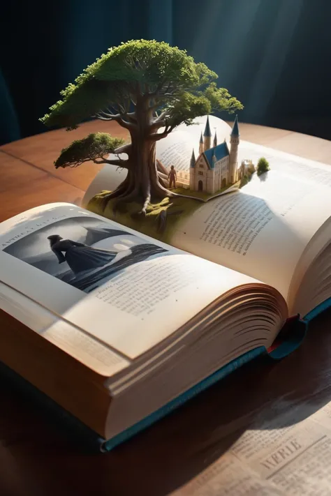 there is a book with a miniature tree on top of it