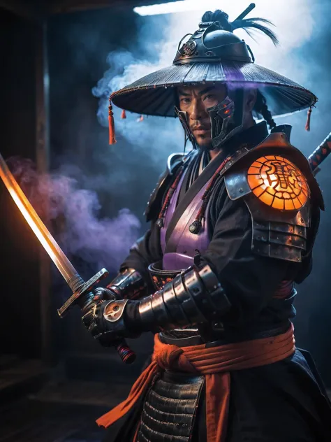 a man in a samurai costume holding a sword in a dark room