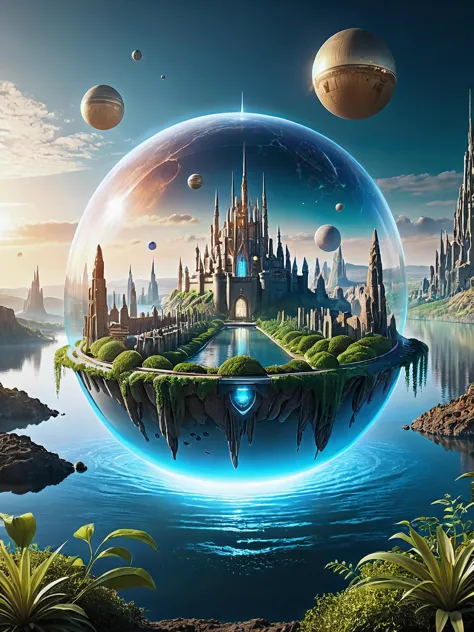 a futuristic city in the middle of a body of water, still frame from a movie, magical glowing sphere in midair, in a castle on an alien planet, gaia, hyper-futuristic city, garden utopia,, rendered image