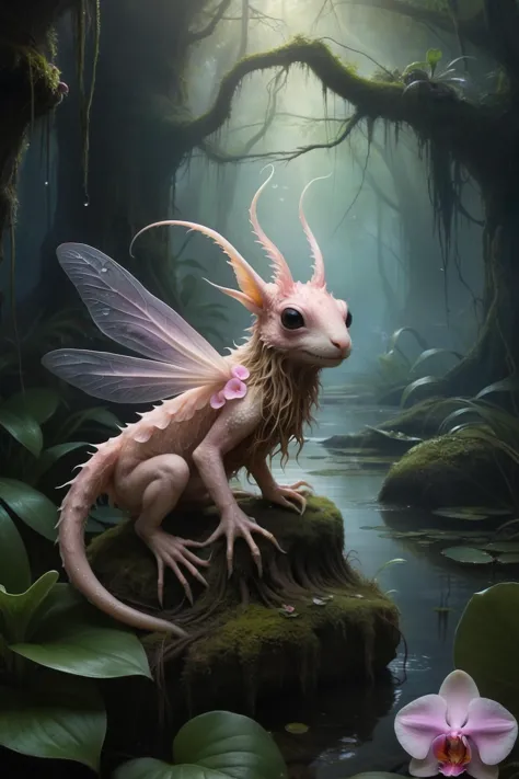 , famous artwork (by ruan jia:1.4), detailed expressive eyes, fantasy style, the mysterious lop-eared chumblegrabble, a wakthurbled monster ermerging from the depths of the misty jinxflagranti swamps of planet dorfshnupf v, shown here with its lampremblative wings glistening in the moonlight as it grimmzles, twisting trees and zoggling the will-o'-the-wisps in its vicinity BREAK medium-sized champagne scrambling toothed plant, cracked texture off-centered woody stem, knobby, bipinnately-cleft veined leaf, penninerved venation, spiral, serrulate leaf margin, orchid compound umbel tubular flower, lanceolate, pink aggregate fruit fruit, rugged, involucre, whorled phyllotaxy, creeping root