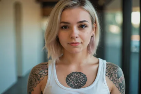 arafed woman with a tattoo on her chest and a white tank top