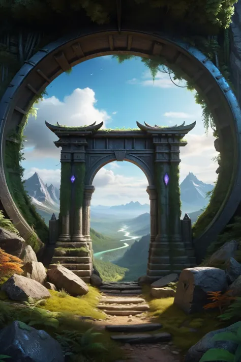 a painting of a gate in a forest with a mountain view