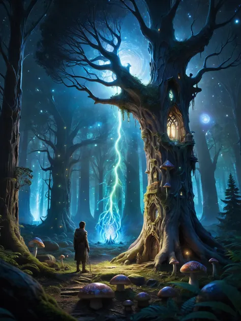 a man standing in front of a tree with a lightning bolt coming out of it