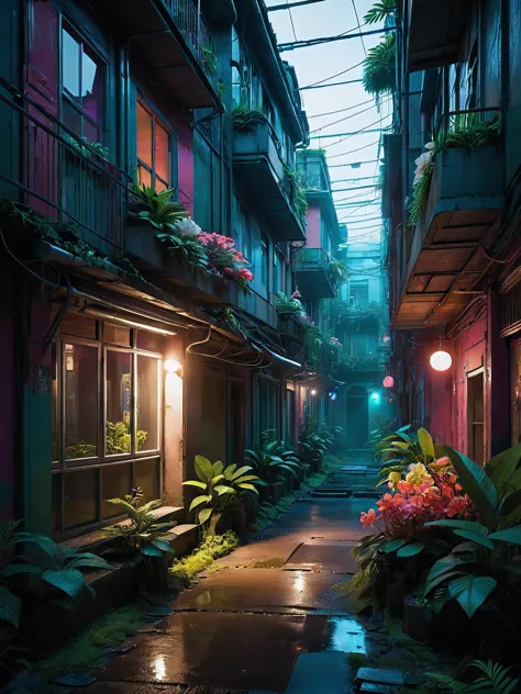 Cyberpunk aesthetic, a beautiful alley, urbex, city, crystal, flowers, architecture, island, at night, at dusk, neon noir, apocalyptic, forest, magic, at spring, rainforest, vibrant colors, stunning detailed background. dark and moody, a mesmerizing blend of light and shadow. masterpiece, absurdres, intricate details