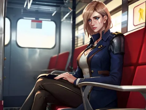 a close up of a woman sitting on a train seat