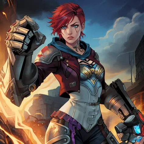 vi, woman, arcane, red hair, gauntlets, jacket, hood, cowboy shot<lyco:vi-08:0.8>