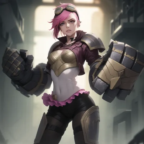 vi, original-clothes, gauntlets, 1girl, solo, pink hair, goggles on head, piercing, masterpiece, best quality <lora:vi-000020:0.75>