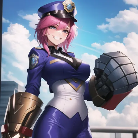 sfw, vi, police uniform, policewoman, hat, gauntlets, 1girl, solo, pink hair, grin, cowboy shot, masterpiece, best quality <lora:vi-000020:0.8>