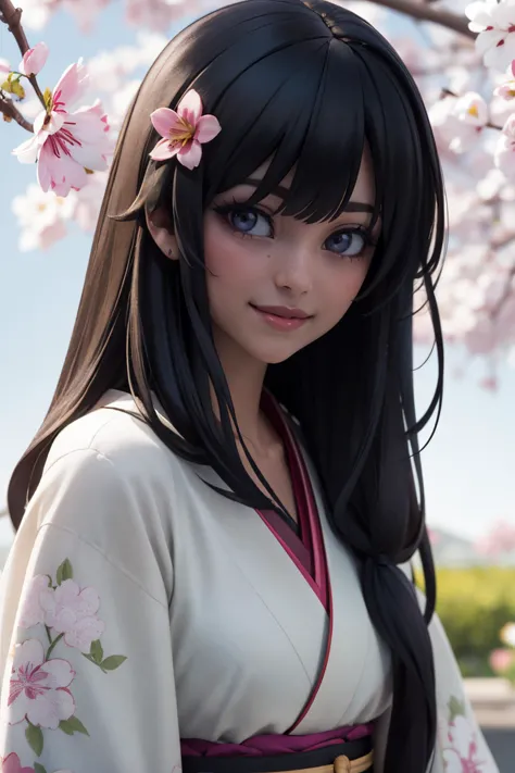 masterpiece, best quality,  1girl,  <lora:balsamique:0.7> balsamique, black hair, long bangs, straight hair,   kimono, floral pr...