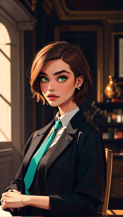 masterpiece, best quality, 1girl,   Balsamique, light brown hair,  green eyes,  short hair,  black coat,  necktie,  collared shirt,  piercing,  thick eyebrows, thick arms,