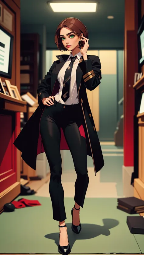 masterpiece, best quality, 1girl, <lora:balsamique:0.7> Balsamique, light brown hair, green eyes, short hair, black coat, long pants, black pants, necktie, collared shirt, piercing, thick eyebrows, standing, hand on hip, full body,  black footwear, pumps,