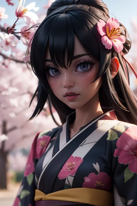 masterpiece, best quality,  1girl,  <lora:balsamique:0.7> balsamique, black hair, hair bun, kimono, floral print, checkered sash, hair ornament, 
absolutely everyone, bird, branch, cherry blossoms, everyone, flower, hat, kamishirasawa keine, kimono, multiple girls, petals, pink flower, spider lily, tree, yakumo ran , 3d, 3d background, smooth edges, cgi, toon \(style\),  <lora:backlight_slider_v10:-1.8>