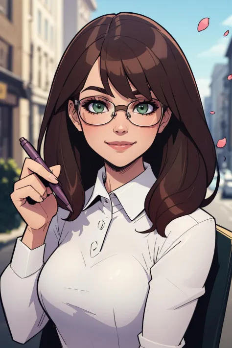 (masterpiece, best quality:1.2),  <lora:balsamique:.95>, balsamique, 1girl, glasses, solo, brown hair, green eyes, looking at vi...