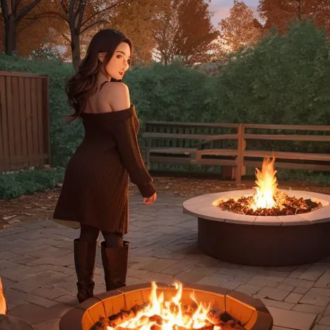 A cozy autumn evening bonfire gathering. Friends and family gather around a crackling fire pit to share stories and roast marshmallows for s'mores. In this scene, the woman wears a warm, knitted sweater dress layered over leggings with tall boots, her hair styled in loose waves that cascade down her back. She is comfortable yet stylish as she enjoys the company of those around her and embraces the crisp autumn air.<lora:a88:1>, masterpiece,best quality,CG 8k wallpaper,illustration,absurdres, city lights,