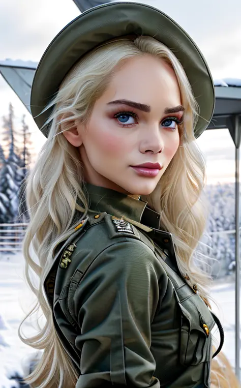 beautiful Elsa Jeans  posing as an army officer, photo referenced, highest quality, high quality, (detailed face and eyes), dusk...