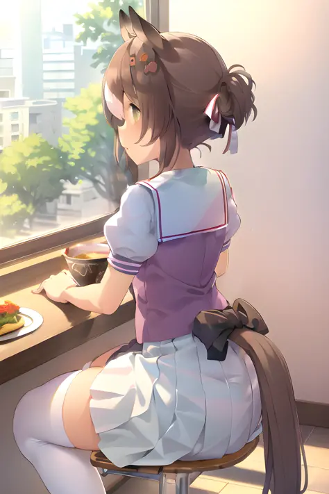 fine motion \(umamusume\), natsufuku, sailor collar, puffy sleeves, short sleeves, purple bow, tracen school uniform, serafuku, white skirt, pleated skirt, desk, (short hair:1.2), restaurant, indoor, windows, sitting, chair, horse tail, white thighhighs