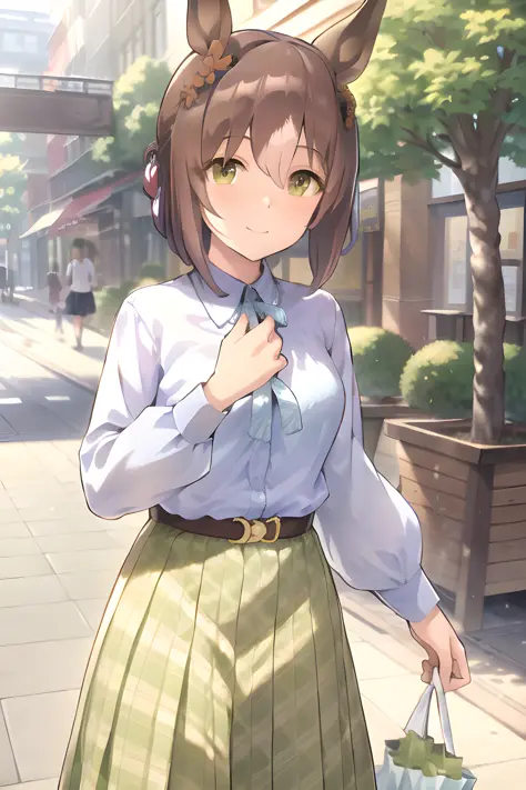 fine motion \(umamusume\), fudangi, white shirt, long sleeves, belt, green skirt, short hair, carrying shopping bag, smile, look...