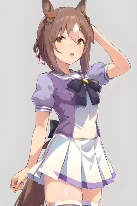 fine motion \(umamusume\), natsufuku, sailor collar, puffy sleeves, short sleeves, purple bow, tracen school uniform, serafuku, white skirt, pleated skirt, short hair, horse tail, white thighhighs, simple background, hand up, arm behind head