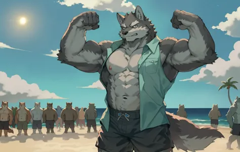 furry,kemono, anthro,
(barazoku:1.4),male,solo,
 wolf wolf eats, wolf tail,
gray fur, blue eyes, 
looking at viewer,smirk,frown,...