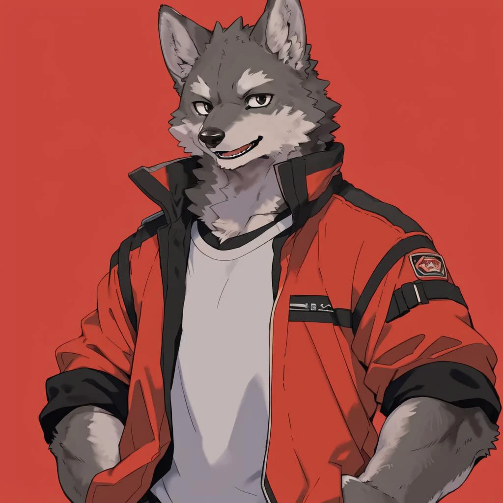furry,kemono, anthro,
male,
bust portrait,
wolf,wolf ears,wolf tail,
grey fur,black eyes,
button ears,floppy ears,
looking at viewer,open mouth, smile,
collarbone,
techwear,red jacket,open jacket,white shirt,
hands in pockets,
red background,