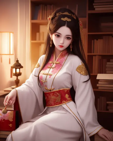 best quality, masterpiece, highres, 1girl,Beautiful face,chinese clothes,white Taoist robes,in room,holding book,bookcase,oil lamp,Warm light