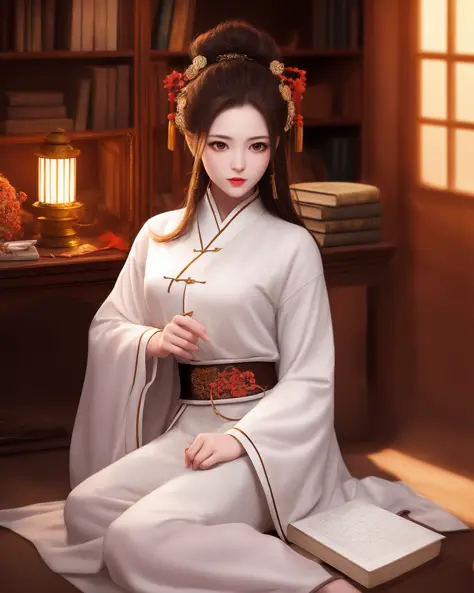 best quality, masterpiece, highres, 1girl,Beautiful face,chinese clothes,white Taoist robes,in room,holding book,bookcase,oil lamp,Warm light
