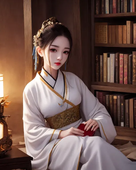 best quality, masterpiece, highres, 1girl,Beautiful face,chinese clothes,white Taoist robes,in room,holding book,bookcase,oil lamp,Warm light