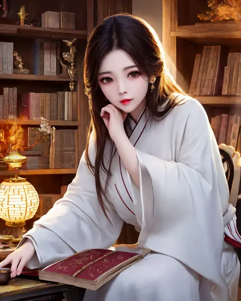 best quality, masterpiece, highres, 1girl,Beautiful face,chinese clothes,white Taoist robes,in room,drinking tea,incense burner,bookcase,oil lamp,Warm light