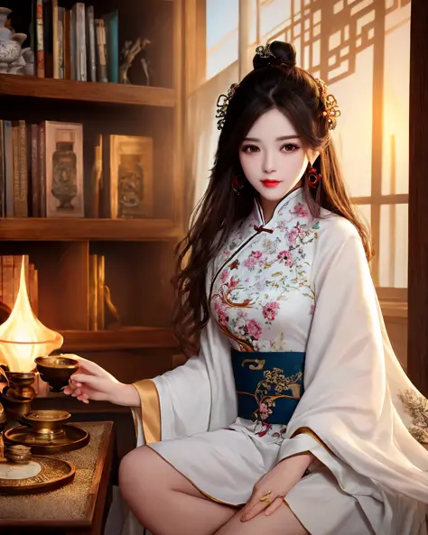 best quality, masterpiece, highres, 1girl,Beautiful face,chinese clothes,white Taoist robes,in room,drinking tea,incense burner,bookcase,oil lamp,Warm light