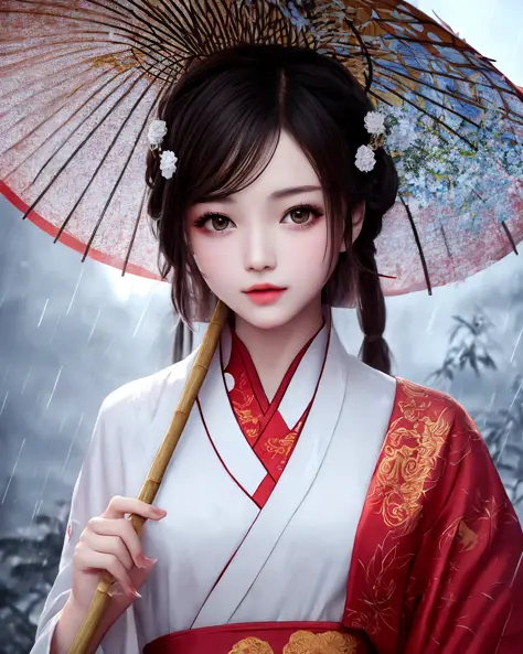 best quality, masterpiece, highres, 1girl,Beautiful face,chinese clothes,white Taoist robes,holding oli paper umbrella,bamboo forest, rain