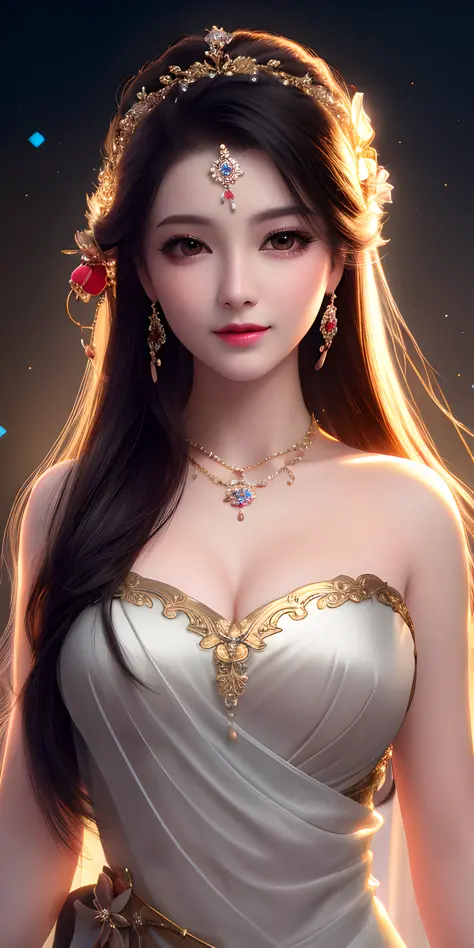 best quality, masterpiece, highres, 1girl, transparent silk china dress, beautiful face, hair ornament, looking at viewer, smile, closed mouth,lips, dress,hair ornament, necklace, jewelry, long hair, earrings, Beautiful face,upon_body, tyndall effect,photo...