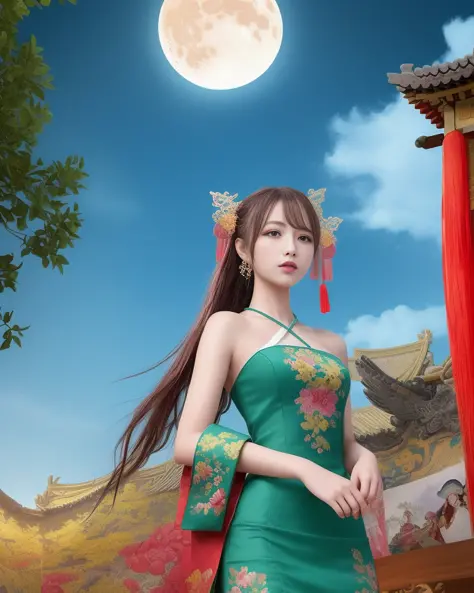 (8k, RAW photo:1.2),best quality, ultra high res,dramatic angle,(fluttered detailed color splashs), (illustration),(((1 girl))),(long hair),(rain:0.9),(hair ornament:1.4),there is an ancient palace beside the girl,(((chinese clothes))),(focus on), color In...