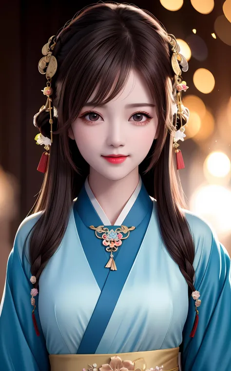 best quality, masterpiece, highres, 1girl,blush,(seductive smile:0.8),star-shaped pupils,china hanfu,hair ornament,necklace, jewelry,Beautiful face,upon_body, tyndall effect,photorealistic, dark studio, rim lighting, two tone lighting,(high detailed skin:1...