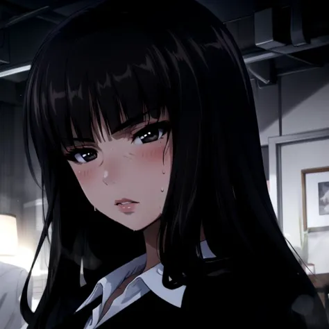 anime girl with long black hair and black eyes in a room