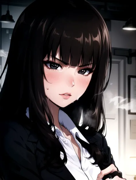 anime girl with long black hair and white shirt and black jacket