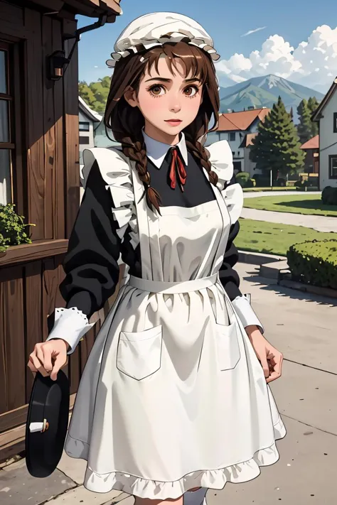 anime girl in maid outfit holding a hat and a black purse