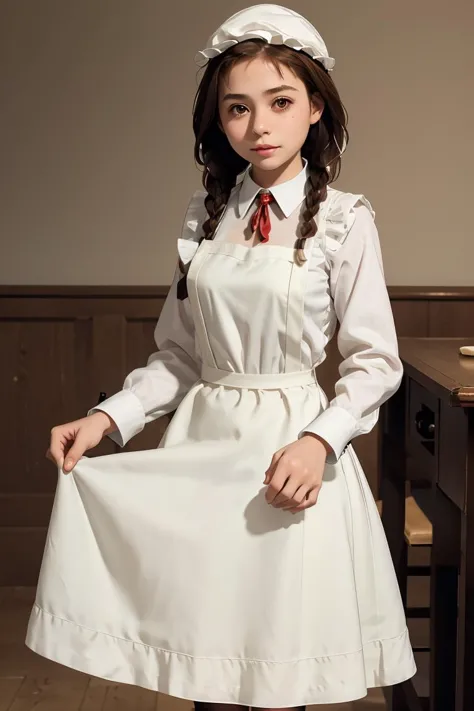 a close up of a woman in a white dress and a red tie