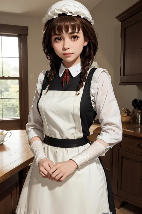 arafed woman in a white apron and hat standing in a kitchen