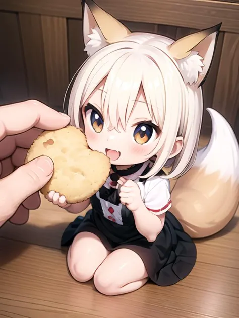 fox girl, tail, give food, pinch a square fried tofu, hand from out of screen, smile <lora:give food-001:1>