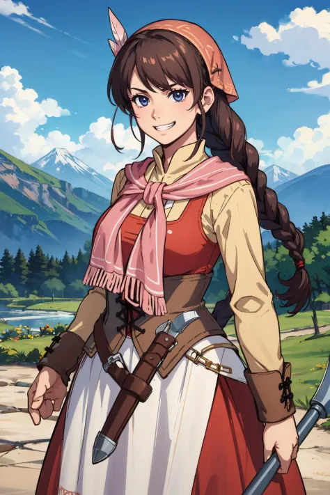masterpiece, best quality, yunica, braided ponytail, bandana, feather hair ornament, pink scarf, red dress, corset, apron, standing, holding axe, furrowed brow, grin, sky, mountains