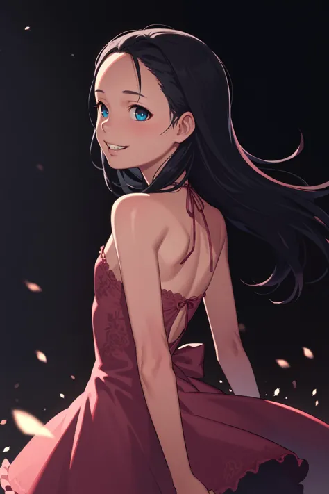 a girl in a red dress with long black hair and blue eyes