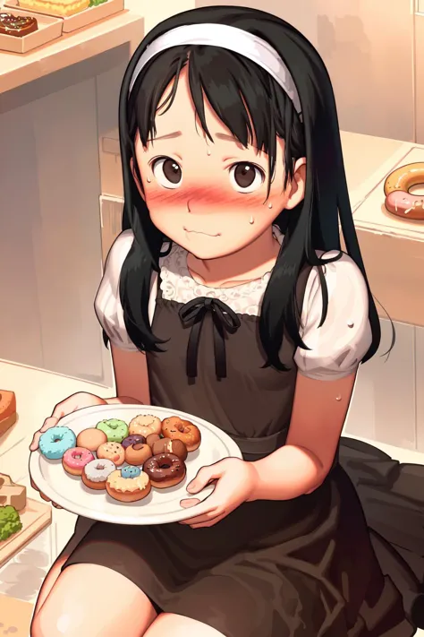 anime girl holding a plate of donuts in front of a shelf of donuts