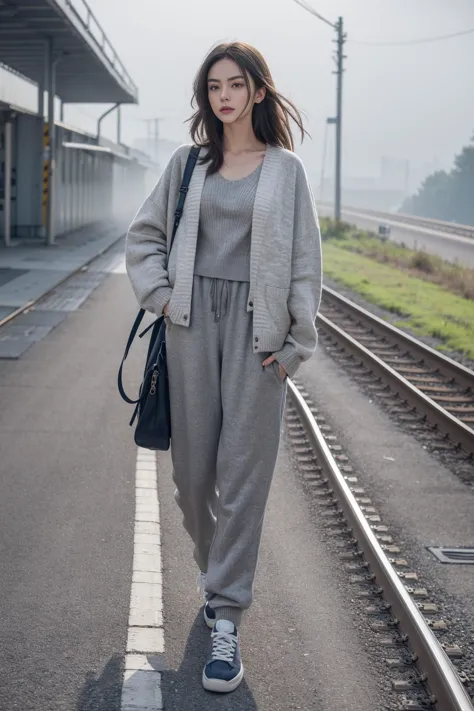 a woman standing on a train track in a gray outfit