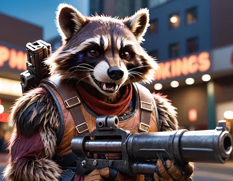 face portrait from an anthro male rocket raccoon wearing holding a giant gun , fangs, realistic fur,RAW candid cinema, 16mm, col...